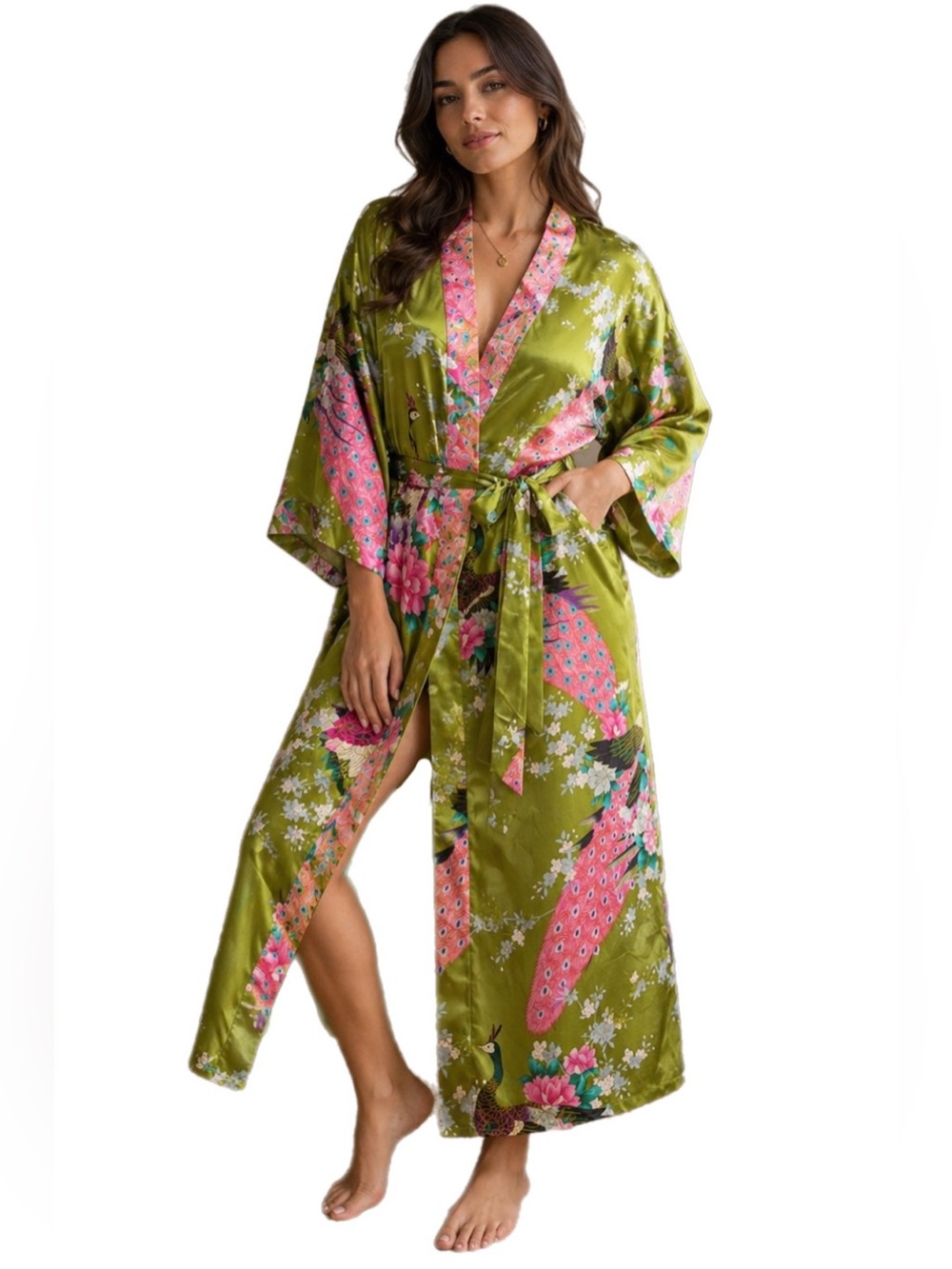90s European Vintage Silk Peacock Floral Kimono Robe (Green/Multi) Size One Size